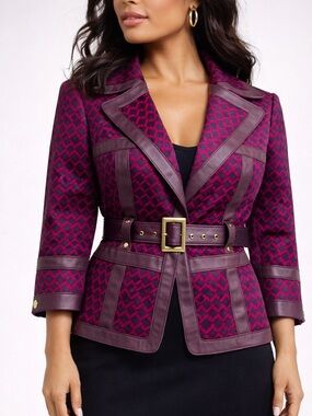 Arden B Magenta Belted Jacket Leather Trim Gold Hardware M